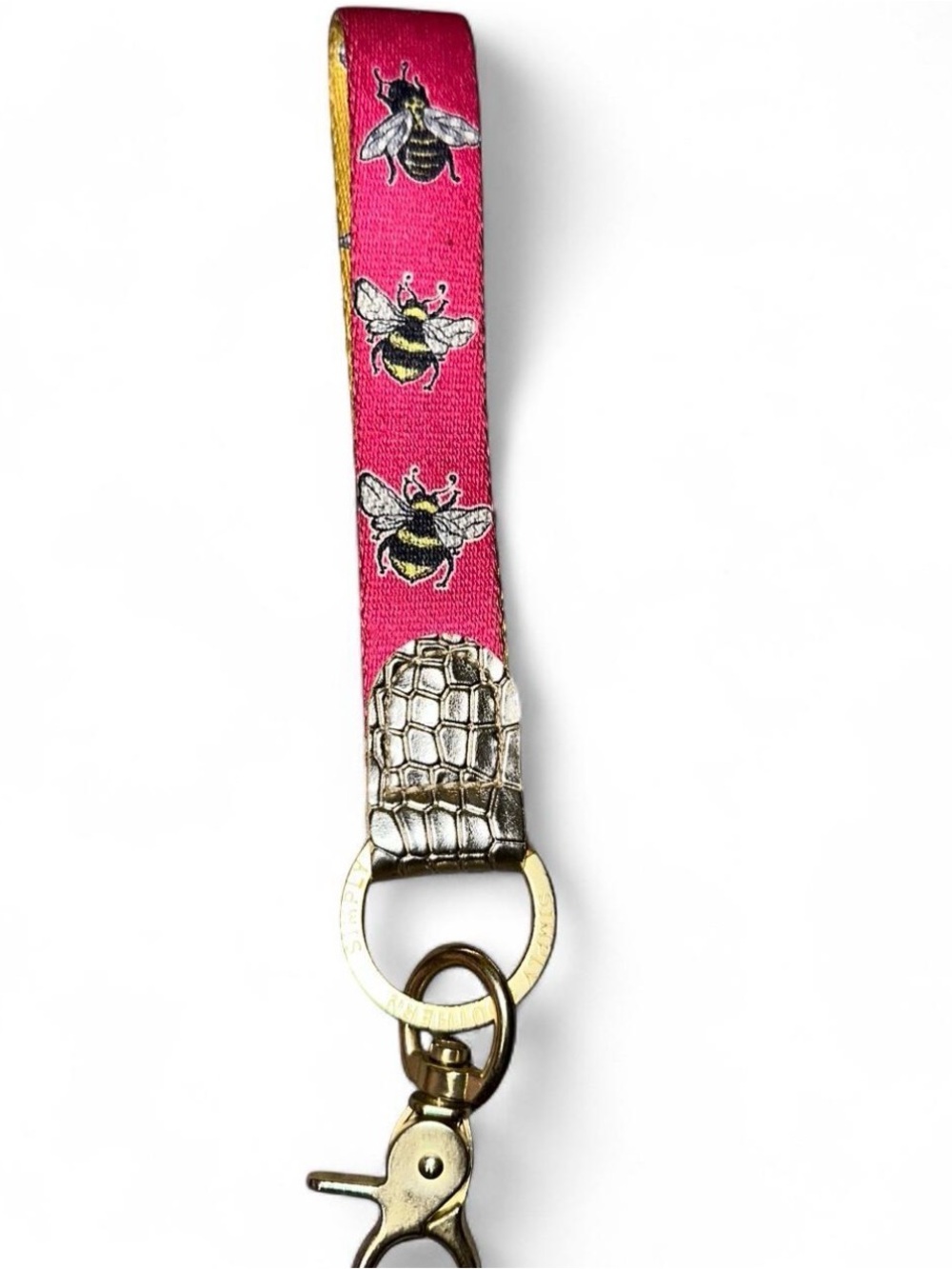 Simply Southern Pink Bee Pattern Leather Wristlet Keychain with Gold Hardware